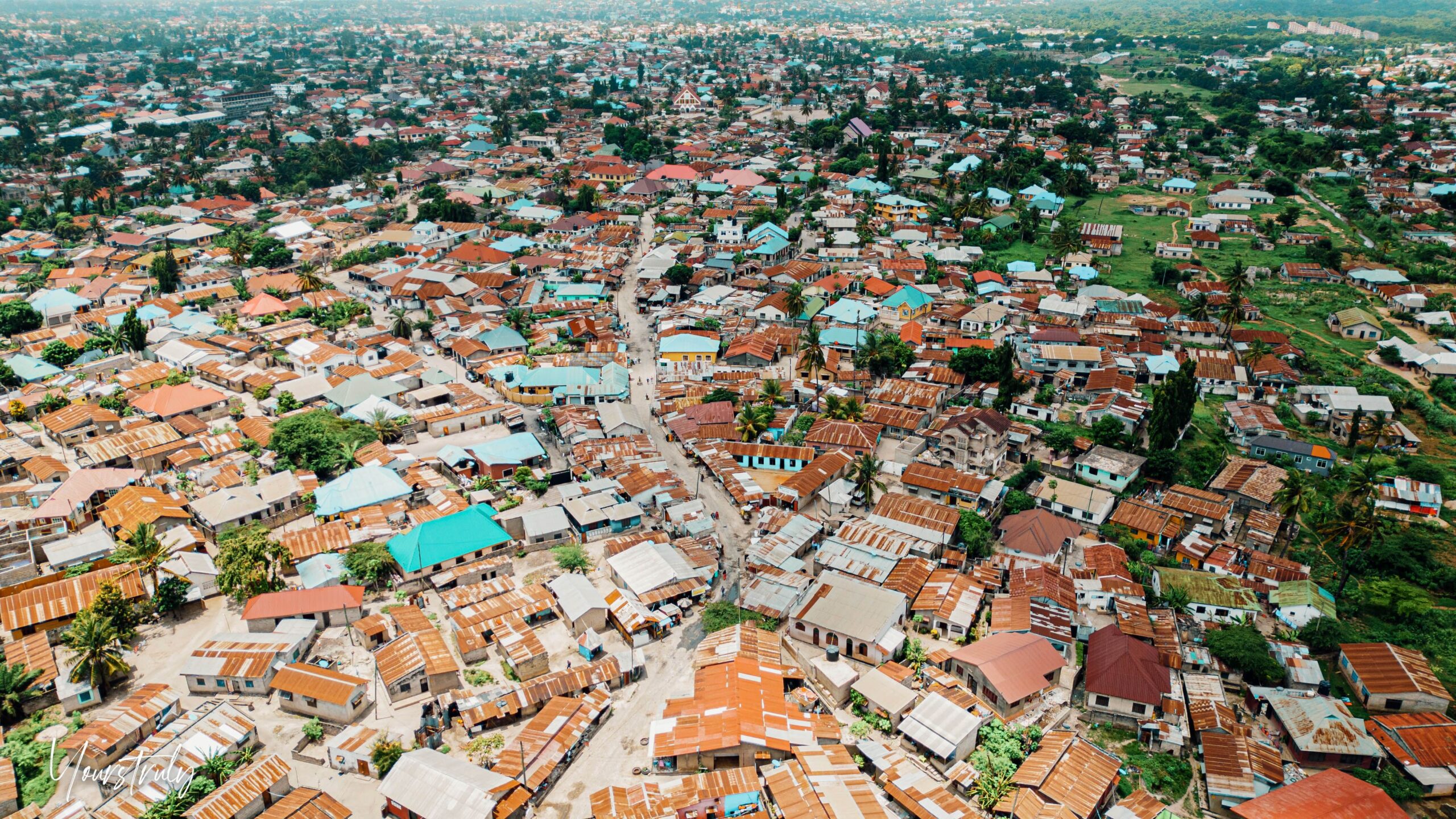 Aerial view of the small town on the Zanzibar island